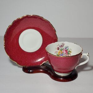 Coalport Teacup and Saucer Burgundy Pink Yellow Blue Flowers Vintage